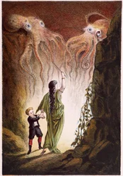 Eine Frau und ein Junge werden von zwei riesigen Kraken angegriffen - in „Reise zum Meeresgrund“ von H. de la Blanchère. Paris, ed. Jouvet et Cie, sd. 1880