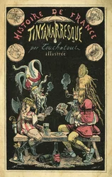 Eine Frau in einer Federperücke, ein Mann als Gallier karikiert während eines Kartenspiels. Titelblatt von „Histoire de France Tintamarresque“, Karikaturen von Touchatout, Paris
