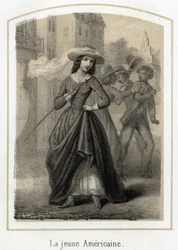 Eine junge Amerikanerin verursacht Kämpfe zwischen ihren Verehrern, anonyme Gravur des 19. Jahrhunderts