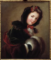 Ein junges Mädchen, gekleidet für den Winter mit Ärmel und Umhang. Gemälde der französischen Schule
