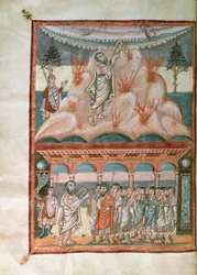 Moses empfängt und übermittelt das Gesetz Gottes auf dem Berg Sinai, aus der Moutier-Grandval-Bibel, illuminiert in der karolingischen Abtei St. Martin, Tours, ca. 834-843