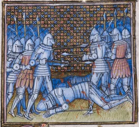 Add. 38659 fol.170, Tod des Sir John Chandos. Eine mittelalterliche Schlacht, Buchmalerei aus „Chroniques de France et d