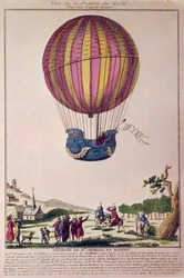 Aerostat: der zweite Versuch, mit einem Ballon zu fliegen. Charles und Robert landen auf der Prairie de Nesle, in der Nähe von Paris, nach einer Reise mit einem Wasserstoffgasballon am 01.12.1783. Gravur des 18. Jahrhunderts.