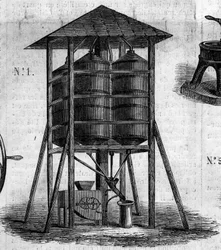 Landwirtschaftliche Maschine: ein konservativer Dachboden für Weizen, präsentiert auf der Landwirtschaftsausstellung 1860 in Paris. Gravur in „Le Monde Illustré“ Nr. 168 vom 30. Juni