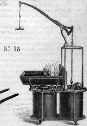 Landwirtschaftsmaschine: ein doppelter Windkolben-Schmied, präsentiert beim Pariser Landwirtschaftswettbewerb 1860. Gravur in „Le Monde Illustré“ Nr. 172 vom 28. Juli 1860.