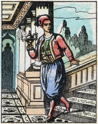 Aladin mit der Wunderlampe findet seinen Weg nicht mehr. Stich aus dem Märchen „Aladin und die Wunderlampe“ aus Tausendundeine Nacht. Epinal-Bild, Ende des 19. Jahrhunderts. Private Sammlung.