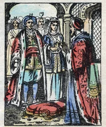 Aladins Hochzeit mit der Tochter des Sultans. Gravur aus dem Märchen Tausendundeine Nacht "Aladin und die Wunderlampe". Epinal-Bild, Ende des 19. Jahrhunderts. Private Sammlung.