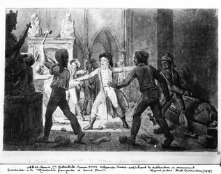Alexandre Lenoir (1761-1839) widersetzt sich der Zerstörung der Königsgräber der französischen Monarchie in der Kirche von Saint-Denis, 1793