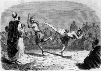 Algerischer Brauch: Arabischer Tanz. Zeichnung von Herrn Rigo, basierend auf einer Skizze von Herrn Ameler, Bataillonsführer. Gravur in "Le Monde Illustré" Nr. 86 vom 11. Dezember 1858.