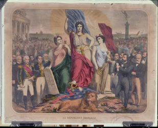 Allegorie der Französischen Republik, die Adolphe Thiers (1797-1877), Léon Gambetta (1838-1882) und Victor Hugo (1802-1885) darstellt