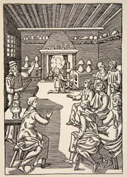 Eine Alchemie-Lektion im 14. Jahrhundert, Kopie von Boris Mestchersky, Illustration aus Histoire de la Nation Francaise, Sciences, Bände I & II, von Gabriel Hanotaux, 1924