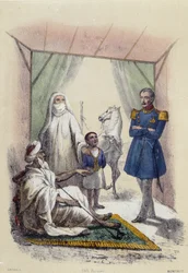 Eine arabische Familie erhält Besuch von einem Soldaten; Illustration zu den arabischen Ländern in „Die zwölf Nationen“ von M. E. Fouinet