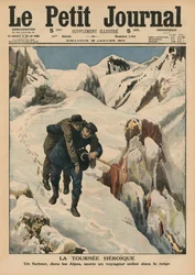 Eine heldenhafte Runde, ein alpiner Postbote rettet einen im Schnee steckengebliebenen Reisenden, Titelillustration aus 