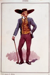 Bauernkostüme aus Anjou. Gravur des 19. Jahrhunderts. Paris, Dekorative Kunst