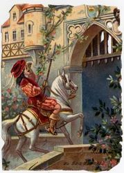 Anonyme Illustration für „Dornröschen“, Märchen von Charles Perrault (1628-1703), französischer Schriftsteller: „Nach hundert Jahren erreichte der Prinz das Tor des Schlosses...“ Chromolithographie.