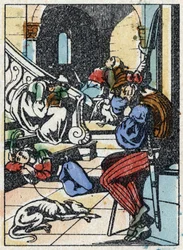 Anonyme Illustration für „Dornröschen“, Märchen von Charles Perrault (1628-1703), französischer Schriftsteller. Holzschnitt von Imaging Pellerin - Epinal, sp. Ende des 19. Jahrhunderts