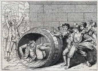 Antisemitische Verfolgung im 17. Jahrhundert: ein Jude wird von Einwohnern Roms in einem Fass gerollt. Illustration aus „Meo Patacca“, Gedicht von Giuseppe Berneri (1637-1700). Gravur von Bocourt.