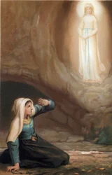 Erscheinung der Jungfrau Maria vor Bernadette Soubirous (1844-1879) in der Grotte von Lourdes, Hautes Pyrenees (65)