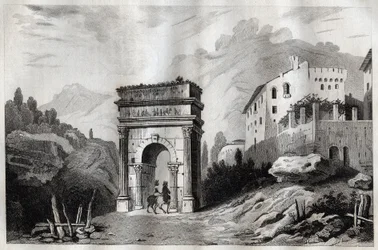 Bogen des Augustus (Susa) - Gravur aus „Italy Picturesque - Historical and Descriptive Painting of Italy“ von M. de Norvins, Ch. Nodier 1834-1836.