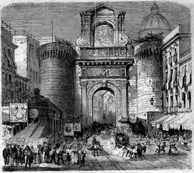 Architektur: Ansicht der Porta Capuana (1484) in Neapel, während des Einzugs der Truppen der Expedition der Tausend oder der Rothemden von Garibaldi im Jahr 1860. Gravur in „Le Monde Illustré“ Nr. 180 vom 22. September 1860
