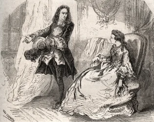 Armande Bejart (1641-1700), Ehefrau von Jean Baptiste Poquelin genannt Moliere (1622-1673) mit ihrem Liebhaber, dem Grafen von Guiche, Gravur von 1871 in „Histoire Des Cocus Celebres“ von Henry de Kock (1819-1892)