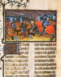 Armee-Kämpfer. Miniatur aus dem Manuskript von Francesco Petrarca oder Petrarch (1304-1374), italienischer Gelehrter, Dichter und Humanist, 