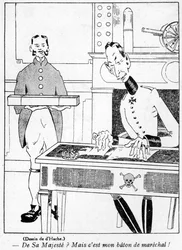 Armeeoffizier erhält einen Marschallstab vom Kaiser, Karikatur aus der April-Ausgabe von La Baionette, 29. März 1917