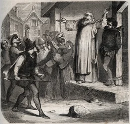 Arnaud du Tilh (Thil) wird an einen Galgen gebunden und vor seiner Hinrichtung für die Usurpation der Identität von Martin Guerre (circa 1524 um 1560) den Beleidigungen der Menge ausgesetzt. Gravur von 1871 in „Histoire Des Cocuses Celebres“ von Henry de K