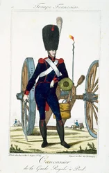 Artillerist der Königlichen Garde mit einer Kanone, aus Troupes Francaises, veröffentlicht bei Basset, Paris, um 1790