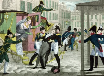 Die Ermordung Charles-Ferdinands von Frankreich (1778-1820), Herzog von Berry, durch Louis Louvel vor dem Opernhaus in der Rue de Richelieu