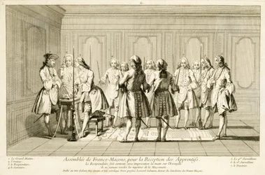 Versammlung der Freimaurer zur Einweihung eines Lehrlings, aus Die Zeremonien der Religion und des Brauchtums, um 1733