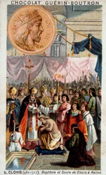 Taufe und Krönung Chlodwigs in der Kathedrale von Reims am 25. Dezember 496 durch den heiligen Remigius, Bischof von Reims.