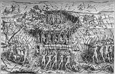 Schlacht zwischen der französischen Armee von Samuel de Champlain (circa 1567-1635) und den Irokesen. Kanada, Anfang des 17. Jahrhunderts. Gravur in „La Marine et les colonies: commerce“