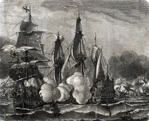Schlacht von Bantry Bay, Seeschlacht am 11. Mai 1689, eine Woche vor der Erklärung des Neunjährigen Krieges (Gravur aus Lahure)