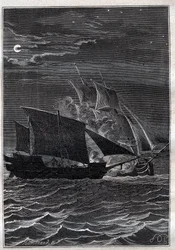 Schlacht der Schwalbe und eines malaysischen Piratenschiffs: Das Schiff Swallow von Philip Carteret oder Philippe de Carteret (1733-1796) kämpfte 1767 in den indonesischen Gewässern gegen ein malaysisches Piratenschiff - Illustration aus „Die großen Seefah