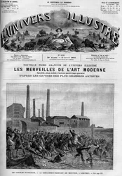 Belgischer Arbeiterstreik: die Polizei lädt die Reiter in Carnieres. Eine Zeitung. Gravur in „Le Monde Illustré“
