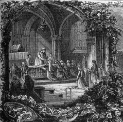 Bernadette Soubirous (1844-1879) während ihrer ersten Kommunion. 19. Jahrhundert (nach 1858). Gravur in "Notre Dame de Lourdes" von Henri Lasserre