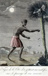 Ein Schwarzer Mann von der Goldküste (Ghana) schleudert beim Vorübergehen seines Feindes einen Fluch. 1811