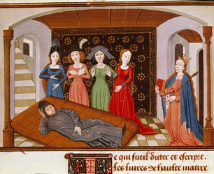 Boece (Boezio) umgeben von Philosophie und Musen. Miniatur aus „De Consolatione Philosophiae“ (Trost der Philosophie) von Boece (oder Anicius Manlius Torquatus Severinus Boetius oder Boethius) übersetzt von Jean de Meung (1240-1305). Rouen, Stadtbibliothek