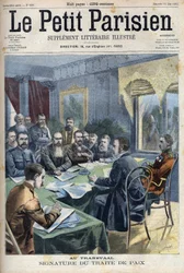 Burenkrieg. Die Unterzeichnung des Friedensvertrags von Transvaal zwischen Burenhäuptlingen und dem britischen General Horatio Herbert Kitchener (1850-1916) in Pretoria, Südafrika. Gravur in "Le Petit Parisien"