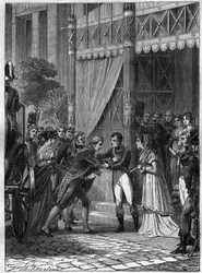 Bonaparte und Josephine de Beauharnais empfangen den jungen König von Etrurien, Louis I (Louis I von Bourbon oder Ludovico I von Borbone) (1773-1803), begleitet von seiner Frau, Marie Louise (Marie Louise) von Bourbon (1782-1824) in ihrem Haus in Malmaison