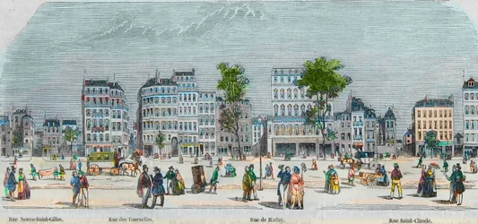 Boulevard Beaumarchais Südseite - Rue Neuve-Saint-Gilles - Rue des Tournelles - Rue de Harlay - Rue Saint-Claude - Gravur in „Tableau-de-Paris“ von Edmond Texier 1852.