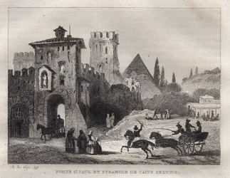 Caius Cestius Pyramide und Tor von St. Paul in Rom - Gravur aus „Picturesque Italy“ - Historische und beschreibende Darstellung von Italien“ von M. de Norvins, Ch. Nodier 1834-1836