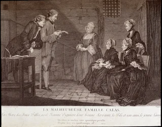 Calas-Affäre: Die unglückliche Familie von Jean Calas (gestorben 1762): die Mutter, die zwei Töchter, mit Jeanne Viguiere, ihrer guten Dienerin, der Sohn und sein Freund, um 1762.