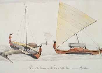 Kanus der Bewohner der Pis- und Iros-Inseln (Karolineninseln), Aquarell von Jules-Louis Lejeune, aus Duperreys Reise