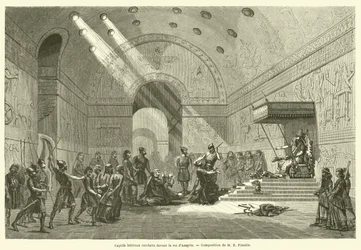 Hebräische Gefangene vor dem König von Assyrien (Gravur)