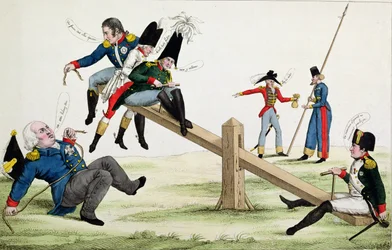 Karikatur von Louis XVIII, Napoleon und den Alliierten zur Zeit der Hundert Tage 1815
