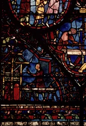 Zimmerleute bei der Arbeit, Detail aus dem Leben des Hl. Julian der Gastfreundliche Fenster im nördlichen Umgang