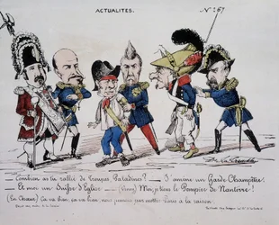 Karikatur über die Kommune „Nachrichten - Wie viele Truppen hast du versammelt, Paladine? - Ich bringe eine Landwache. Und ich bin eine Schweizer Kirche. - (Vinoy) Ich halte den Feuerwehrmann von Nanterre - (Im Herzen) Es ist gut, es ist gut, wir werden Pa