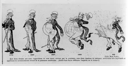 Karikatur, die die Landakquisitionen der Vereinigten Staaten von Amerika kommentiert, Illustration aus Le Rire, 4. März 1895